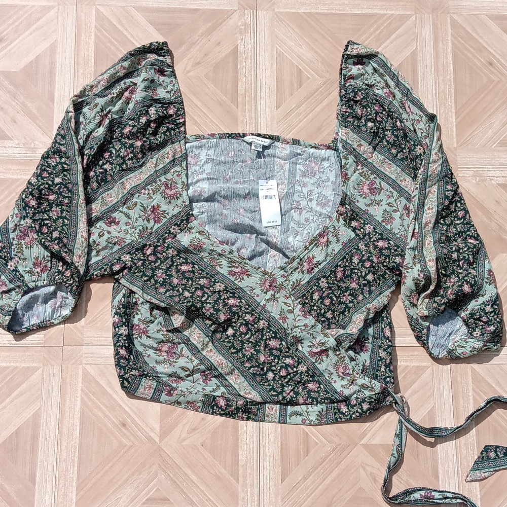 NWT American Eagle striped floral wrap blouse size XL